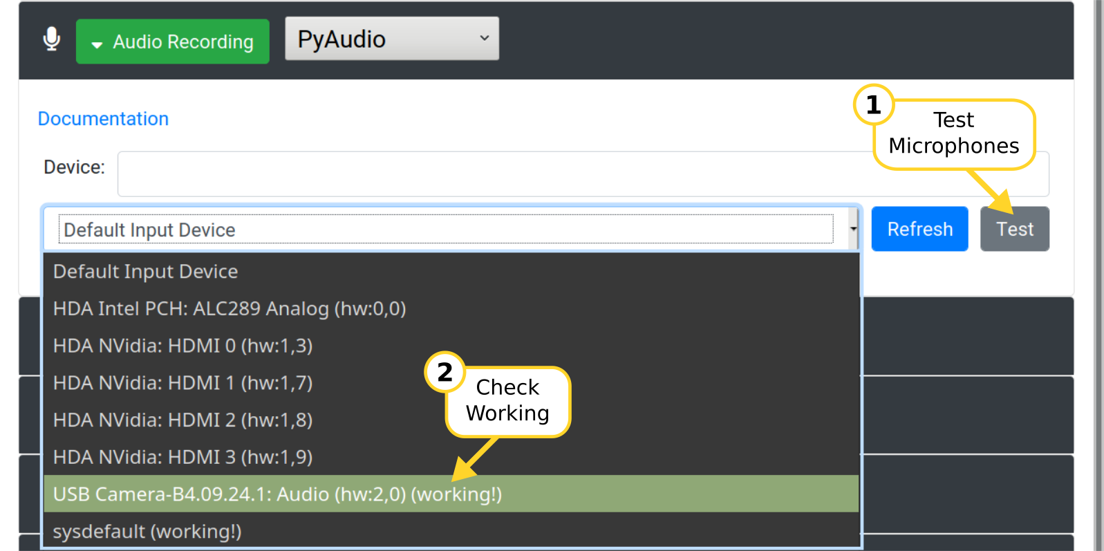 Microphone test in settings