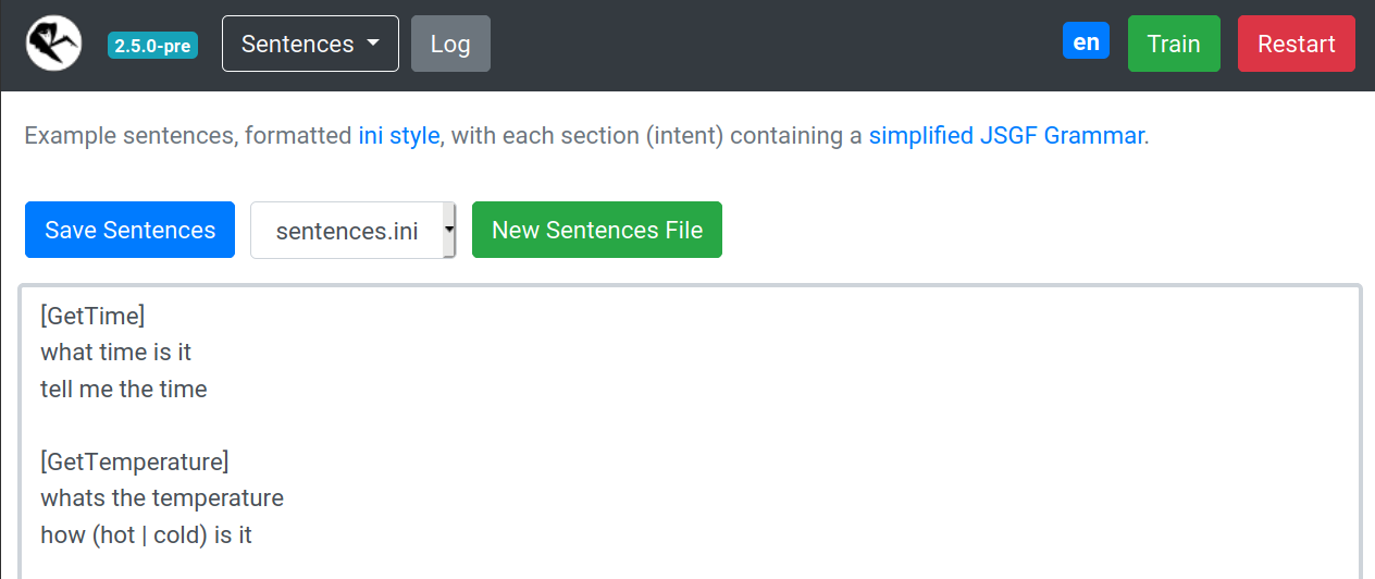 Web interface sentences page