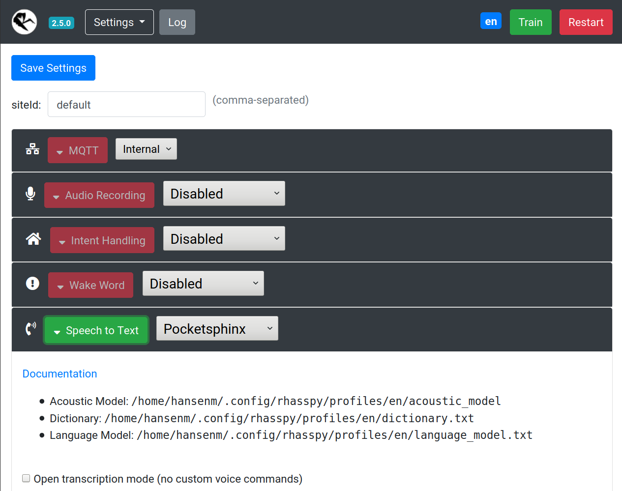 Web interface settings page