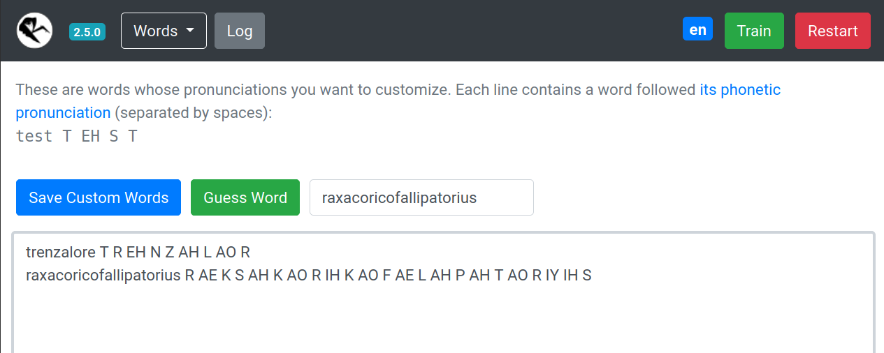 Web interface words page
